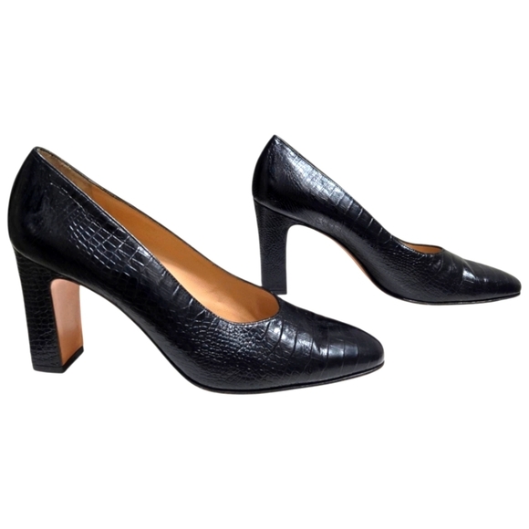 Salvatore Ferragamo Shoes - Salvatore Ferragamo Black Pumps Size 9 AA Leather Croc Embossed Heels Italy